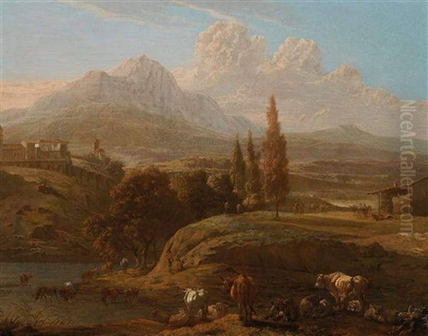 Herders And Cattle Near A River In The Abruzzo Region Near Penne, With The Gran Sasso In The Background Oil Painting by Willem Romeyn