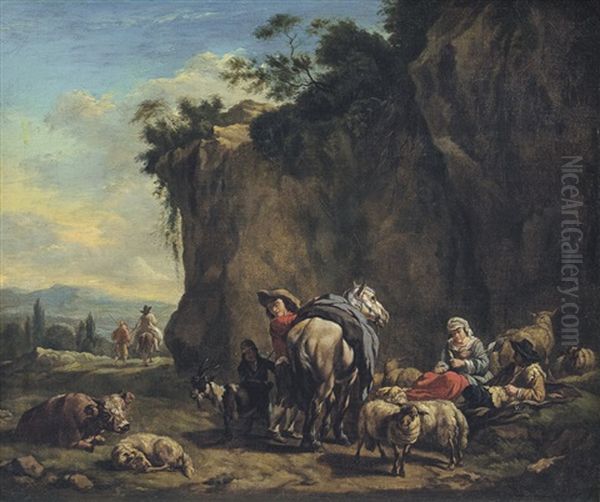 Paesaggio Con Sosta Di Viandanti E Armenti Oil Painting by Willem Romeyn