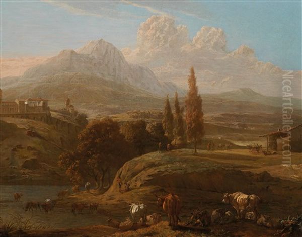 Hirten Mit Vieh An Einem Fluss In Den Abruzzen Bei Penne, Im Hintergrund Der Gran Sasso Oil Painting by Willem Romeyn