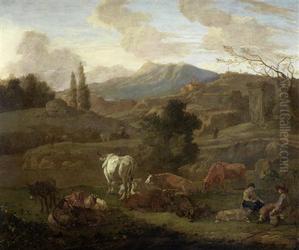 A Shepherd And Shepherdesses Grazing Their Herd Before An Italianate Landscape Oil Painting by Willem Romeyn