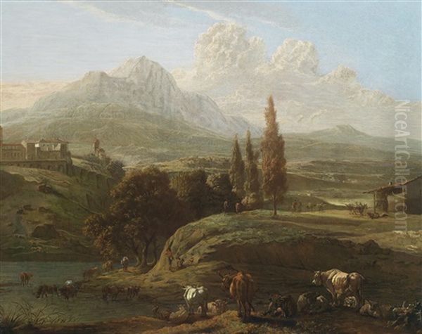 Hirten Mit Vieh An Einem Fluss In Den Abruzzen Bei Penne, Im Hintergrund Der Gran Sasso Oil Painting by Willem Romeyn