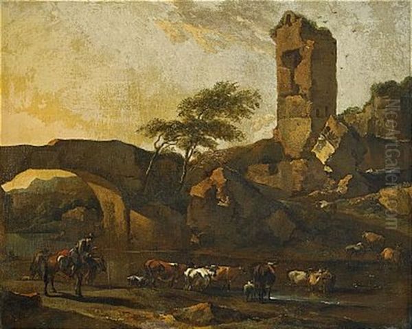 Pastoralt Landskap Med Ruin Och Boskap Oil Painting by Willem Romeyn