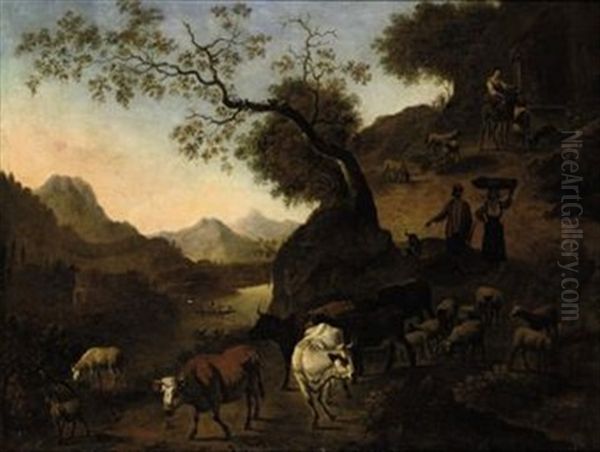 An Italianate Landscape With Shepards And Their Herd On A Path Oil Painting by Willem Romeyn