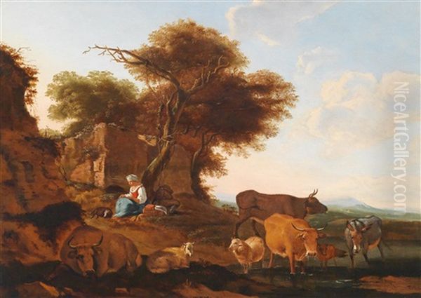 Eine Schaferin Mit Vieh In Einer Weiten Landschaft Oil Painting by Willem Romeyn