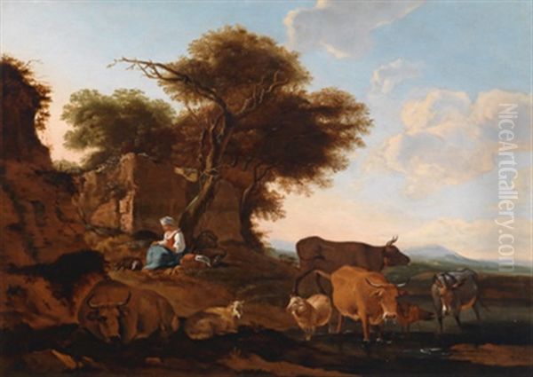 Eine Schaferin Mit Vieh In Einer Weiten Landschaft Oil Painting by Willem Romeyn