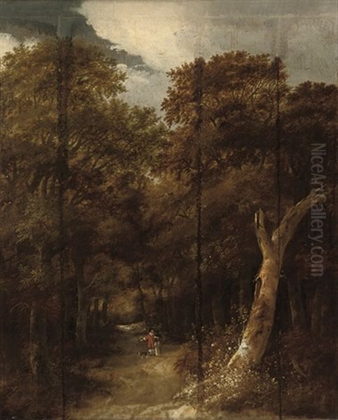 A Wooded Landscape With Figures And A Dog On A Track Oil Painting by Willem Romeyn