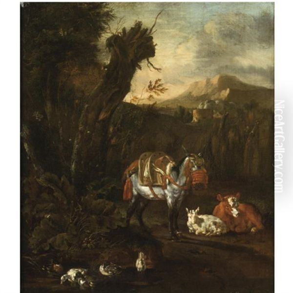 An Italianate Wooded Landscape With A Harnessed Donkey, A Cow, A Sheep And Ducks Near A Pond In The Foreground Oil Painting by Willem Romeyn