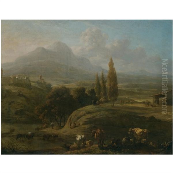 A Panoramic Landscape With Herders And Their Cattle In The Foreground Oil Painting by Willem Romeyn