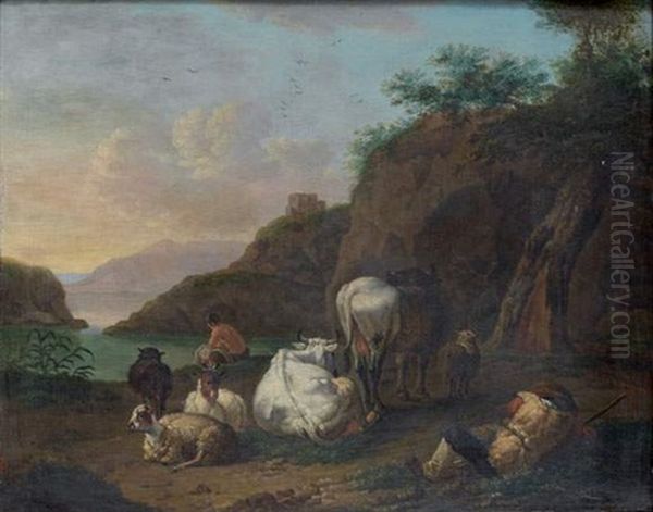 Patre Avec Ses Animaux Au Pied De Rochers Pres D'un Plan D'eau Oil Painting by Willem Romeyn