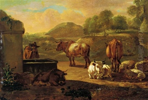 Ein Hirte Am Brunnen Mit Seiner Herde In Einer Sudlichen Landschaft Oil Painting by Willem Romeyn