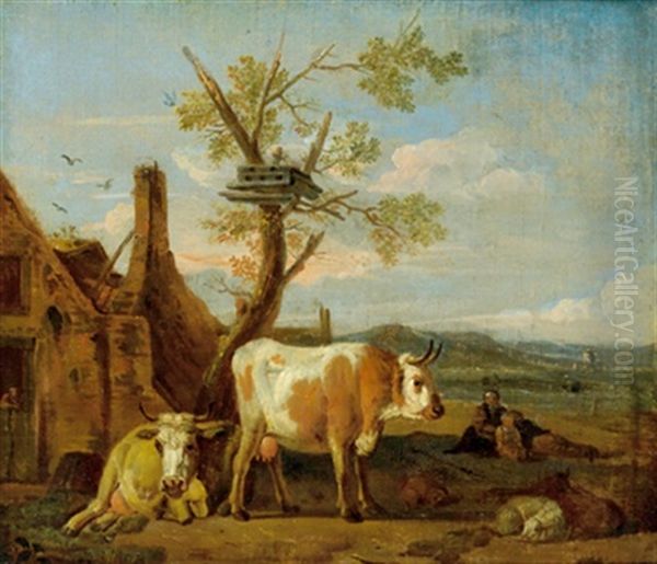 Eine Hirtin Mit Ihrem Kind Und Herde Vor Einem Bauernhaus Oil Painting by Willem Romeyn