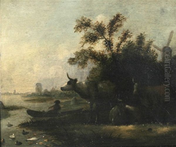 Niederlandische Kanallandschaft, Vorne Ein Ruderer Am Ufer Bei Einer Ruhenden Herde Oil Painting by Willem Romeyn