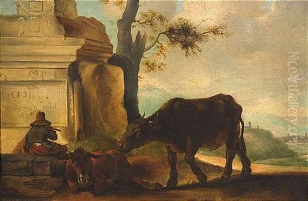 Capriccio Mit Hirtem Und Vieh In Italienischer Landschaft Oil Painting by Willem Romeyn