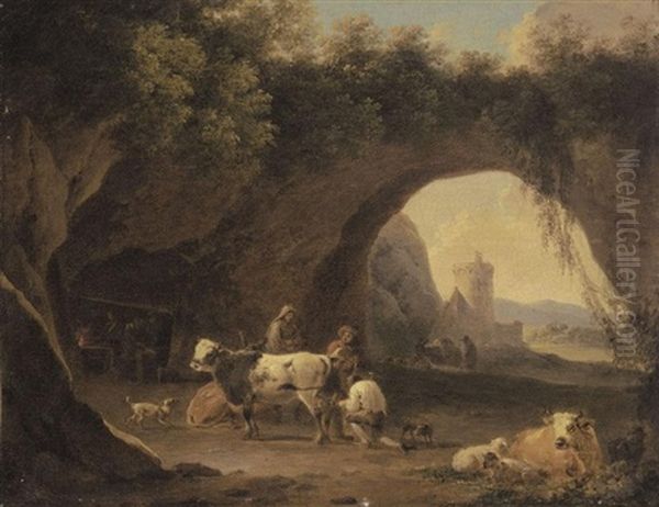 A Grotto With Cattle And Figures, A Forge Beyond Oil Painting by Willem Romeyn