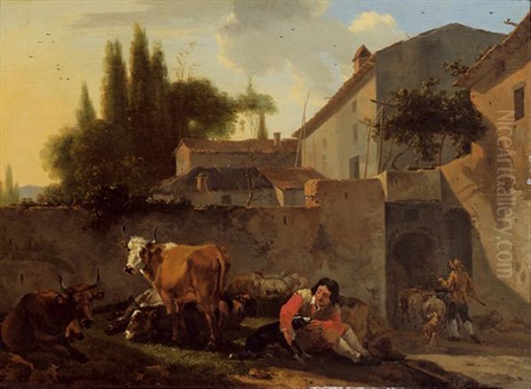 Hirte Vor Italienischer Dorfansicht Oil Painting by Willem Romeyn