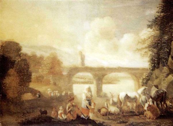 Halte De Villageois Pres D'un Pont Oil Painting by Willem Romeyn