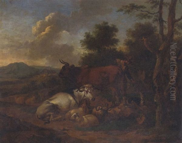 Hirte Mit Kuhen Und Schafen In Bergiger Landschaft Oil Painting by Willem Romeyn