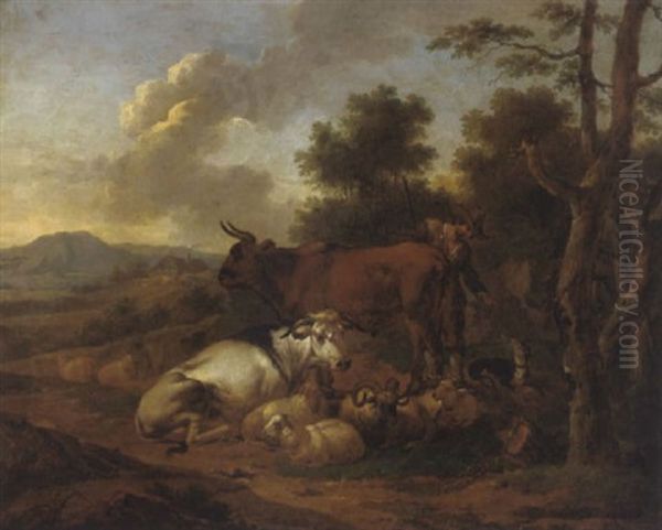 Hirt Mit Herde In Der Campagna Oil Painting by Willem Romeyn