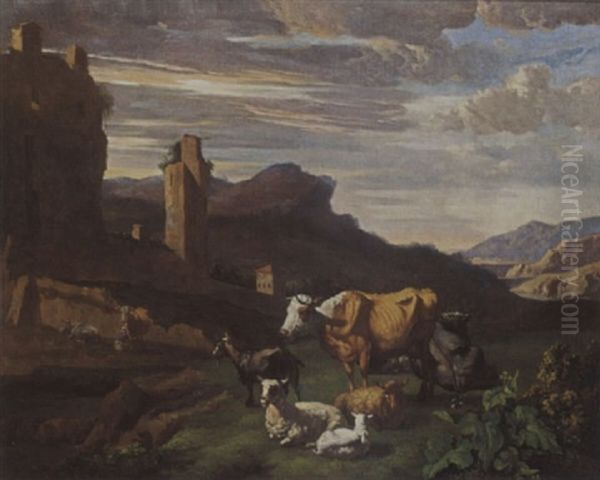 An Italiante Landscape With Cows, Sheep And A Goat In A Meadow, A Peasant Woman Milking A Cow In The Background Oil Painting by Willem Romeyn