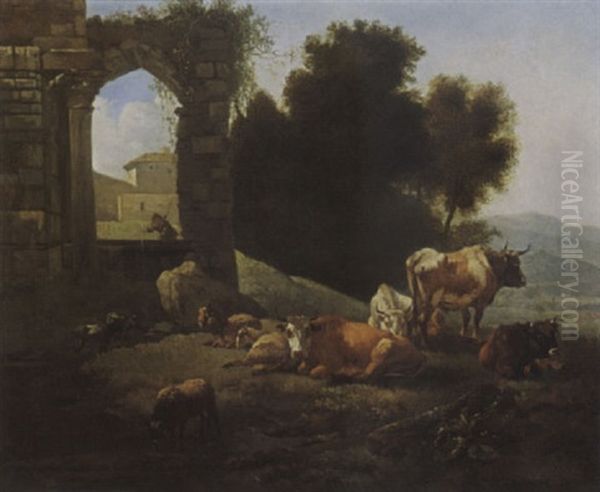 An Italianate Landscape With Cows, Sheep And Goats Resting And Watering In A Meadow, Near A Classical Ruins Oil Painting by Willem Romeyn