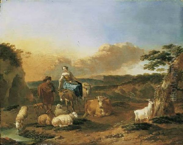 An Italianate Landscape With Shepherds By A Stream Oil Painting by Willem Romeyn