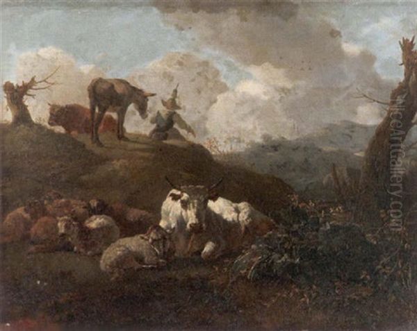 Lagernde Schafherde Und Vieh In Weiter Landschaft Oil Painting by Willem Romeyn