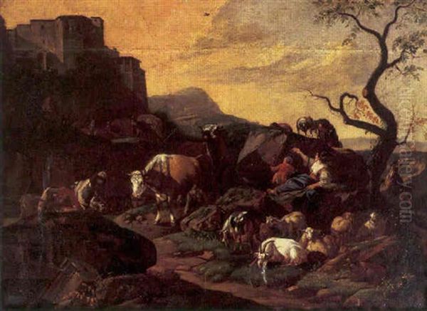 Peasants With Their Livestock Resting In A Rocky Landscape, A Fortress Beyond Oil Painting by Willem Romeyn