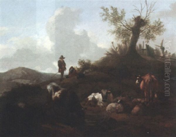 Hilly Landscape With Shepherds Resting, Their Flock And Cattle In Foreground Oil Painting by Willem Romeyn