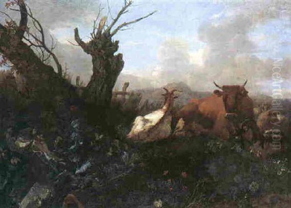 A Cow, Goats And Sheep Resting In A Pastoral Landscape Oil Painting by Willem Romeyn