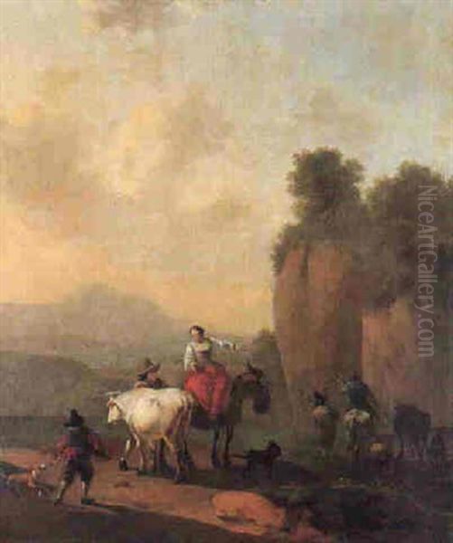 A Woman On A Mule Conversing With A Drover With A Bull, Herdsmen And Their Livestock Oil Painting by Willem Romeyn