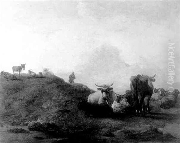 Cattle And Sheep With A Shepherd At Rest In A Landscape Oil Painting by Willem Romeyn