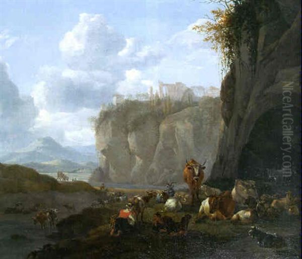 Shepherds With Goats, Sheep And Cattle Resting On A River Bank Oil Painting by Willem Romeyn