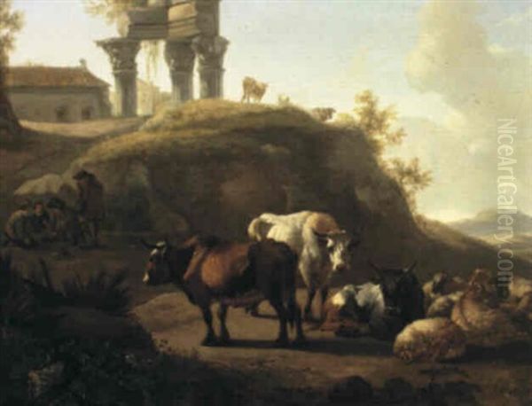 Cattle And Sheep With Peasants And Ancient Ruins Beyond Oil Painting by Willem Romeyn