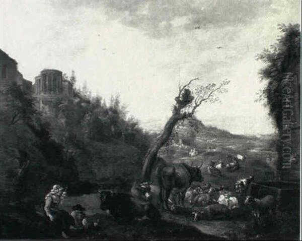 Landscape With Peasants By A Water Fountain And A View Of   The Temple Of Sybil, Tivoli Oil Painting by Willem Romeyn