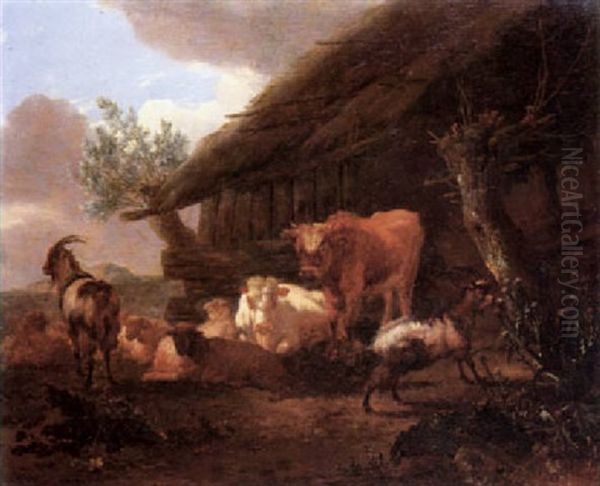 Cattle, Sheep And Goats Resting Before A Stall Oil Painting by Willem Romeyn