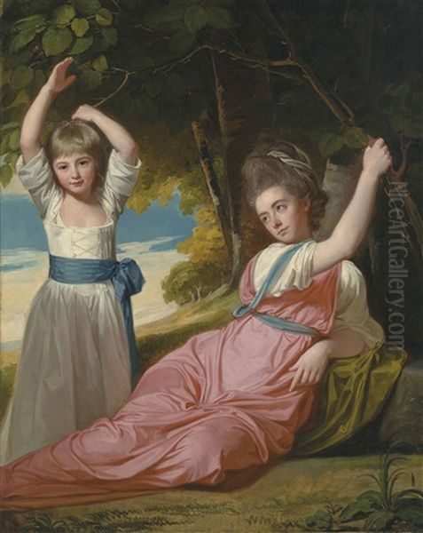 The Boone Children: Double Portrait Of Harriet (b. 1764), In A Pink Dress, Semi-recumbent, And Charles (b. 1774), In A White Dress With A Blue Sash, In A Landscape Oil Painting by George Romney