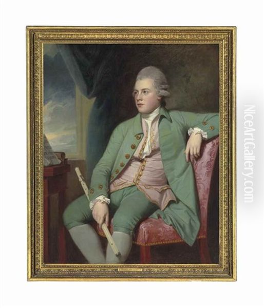 Portrait Of Francis Lind (1752/3-1840), Three-quarter-length, Seated At A Window, A One-keyed Simpson Ivory Flute In His Right Hand Oil Painting by George Romney