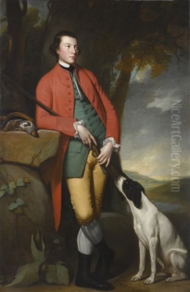 Portrait Of Peter Woodhouse (b. 1745), Full-length, Wearing A Red Coat, With His Black And White Pointer, A Gun And A Brace Of Grey Partridges, A View Of Warton Crag, Lancaster, Beyond Oil Painting by George Romney