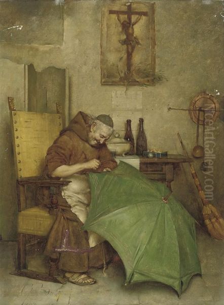 A Monk Repairing An Umbrella Oil Painting by Giuseppe Bortignoni