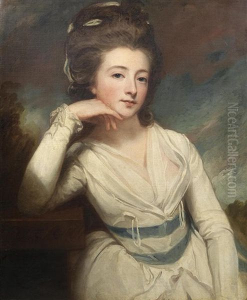 Portrait Of Elizabeth Burgoyne, Half-length, In A White Dress Oil Painting by George Romney