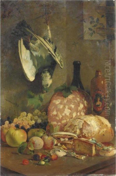 Natura Morta Con Frutta, Cacciagione, Bottiglie, Caramelle, Pane E Mortadella Oil Painting by Giuseppe Bortignoni