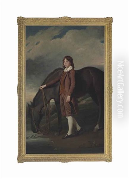 Portrait Of John Wharton Tempest (1772-1793), Full-length, In A Brown Coat And Breeches, With His Horse By A Stream, In A Landscape Oil Painting by George Romney