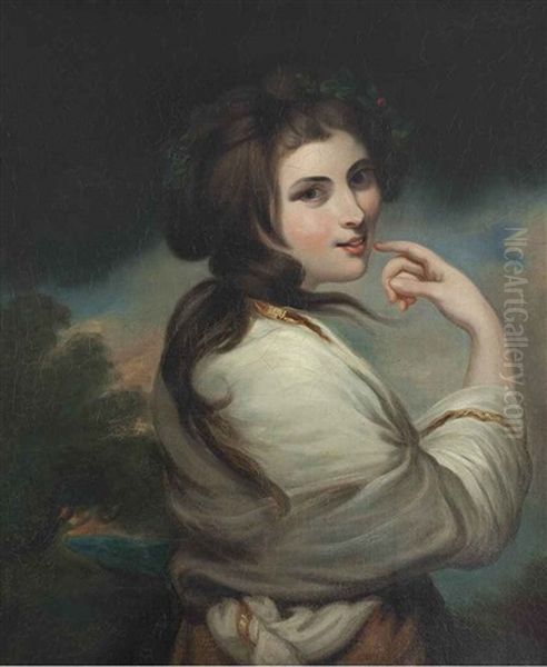 Portrait Of Emma, Lady Hamilton, Three-quarter Length, A Landscape Beyond Oil Painting by George Romney