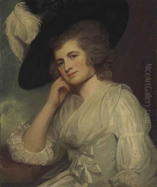 Portrait Of Lady Laetitia A Court, Half-length, In A White Muslin Dress With Satin Bows Oil Painting by George Romney