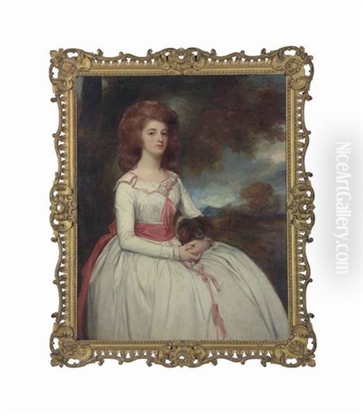 Portrait Of Mrs Moody (c.1767-1820), Second Wife Of Samuel Moody, Three-quarter-length, In A White Dress Trimmed With Pink Bows And A Pink Sash Oil Painting by George Romney