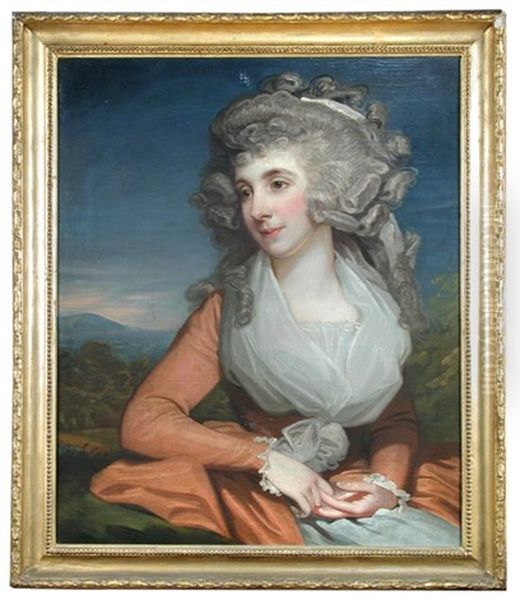 Portrait Of Mrs Mary Livius (1757-1837) Half Length, Seated In Pink, With A Mountainous Landscape Beyond Oil Painting by George Romney