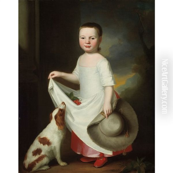 Girl With A Dog, Holding A Bonnet, With Cherries In Her Apron Oil Painting by George Romney