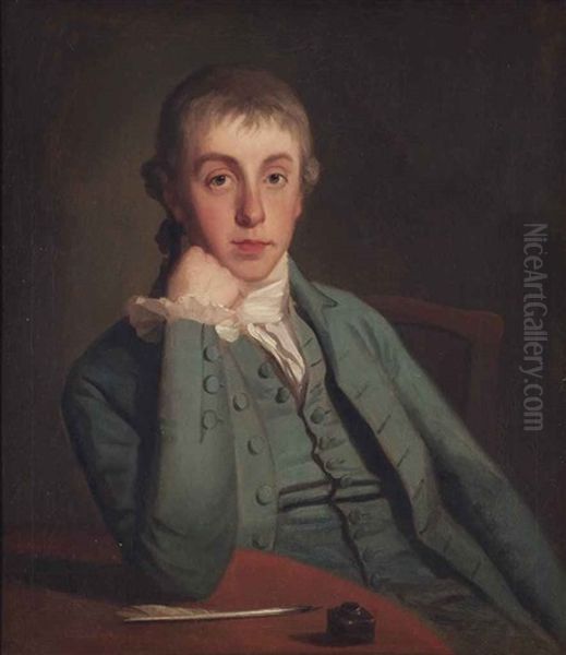 Portrait Of A Gentleman, Traditionally Identified As George Biddle, Half-length, Seated, In A Blue Coat, His Right Elbow Resting On A Table... Oil Painting by George Romney