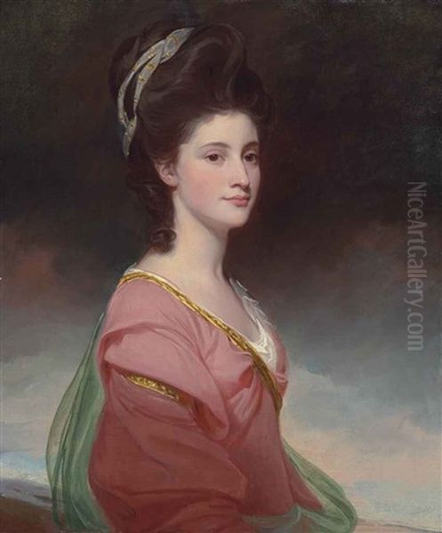 Portrait Of Elizabeth Ramus (1751-1848), Daughter Of Nicholas Ramus And Subsequently Wife Of Baron De Nougal, Half-length, In A Pink Dress... Oil Painting by George Romney