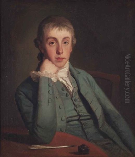 Portrait Of A Gentleman, Traditionally Identified As George Biddle, Half-length, Seated, In A Blue Coat, His Right Elbow Resting On A Table... Oil Painting by George Romney